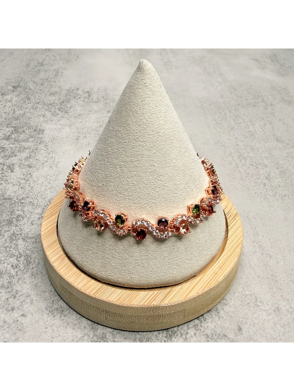 candy+clover Muted Multicolor Crystal Vine Rose Gold Tone Tennis Bracelet